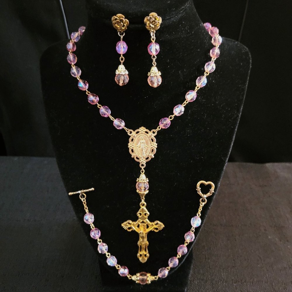 3-Piece GoldTone Rosary Jewelry Set with Pink Aurora Borealis Glass Beads